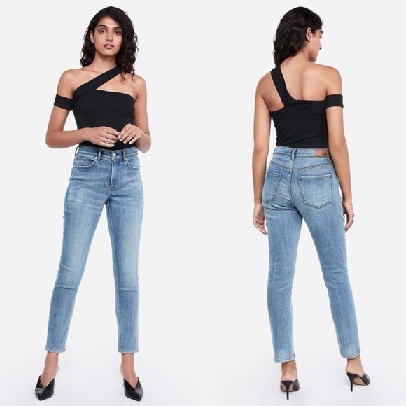 EXPRESS Blue Fleece-Lined Denim Jean Leggings Mid-Rise Raw Hem - Picture 2 of 9